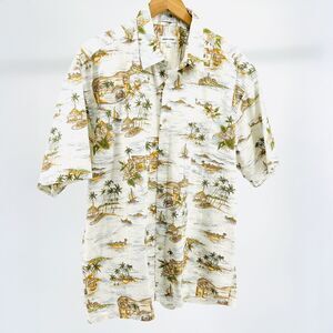 Pierre Cardin White Green Hawaiian Vacation Tropical Short Sleeve Button Down